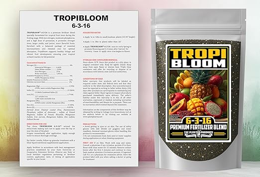 Fertilizer Commercial Grade | TropiBloom 6-3-16 | 5 Ounces | Custom Professional Mix Blend | High-Potassium | Tropical Fruit Trees | Micronutrients with Chelated Iron | Support Yield Flavor Structure