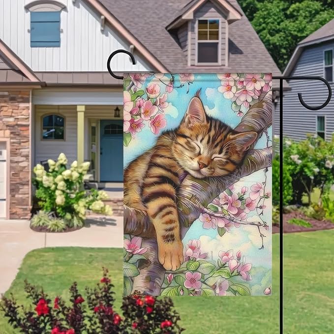 Spring Garden Flag 12x18 Double-Sided Spring Outdoor Decor Cat in Blooming Cherry Blossoms Springs Flag For Outside for Outdoor DecorationYard and Porch