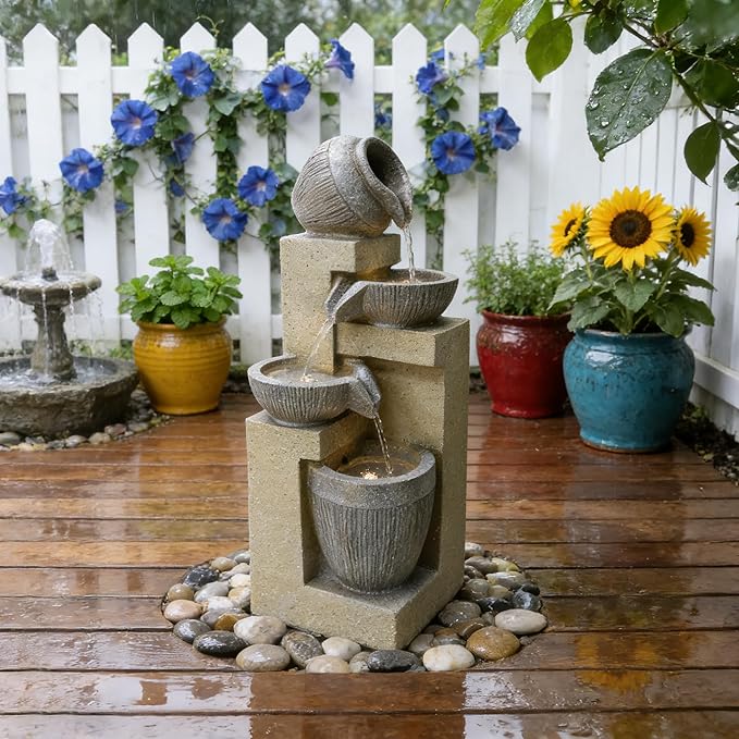 Outdoor Water Fountain with Lights, 20.08” Tall Resin Tiered Waterfall Fountain, Garden Decor for Patio, Yard, Deck & Indoor Relaxation(Gray)