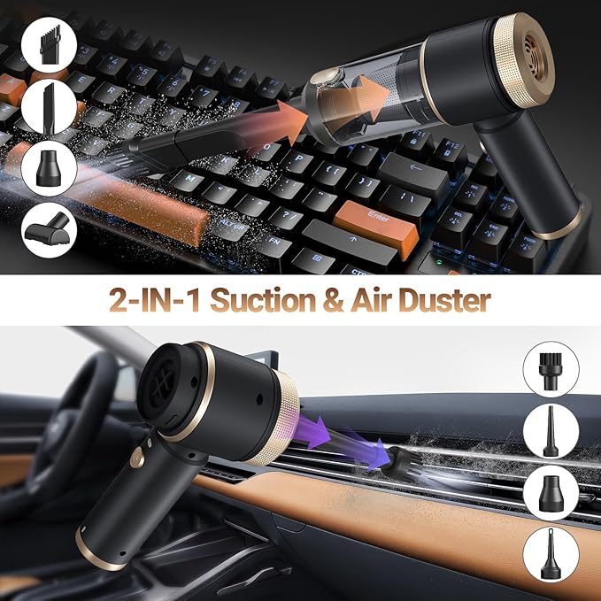 Car Vacuum Portable Cordless, Hand Vacuum with 16000PA High Power, 7 in 1 Mini Car Vacuum Cleaner with One-Click Empty, Dual Hepa Filter, LED Light, Type-C Charging Small Handheld Vac