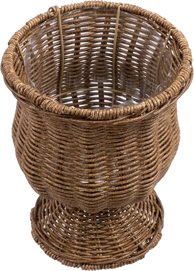 8 Inch Goblet Planter, Woven Rattan Look Resin Flower Pot with Metal Frame, Brown
