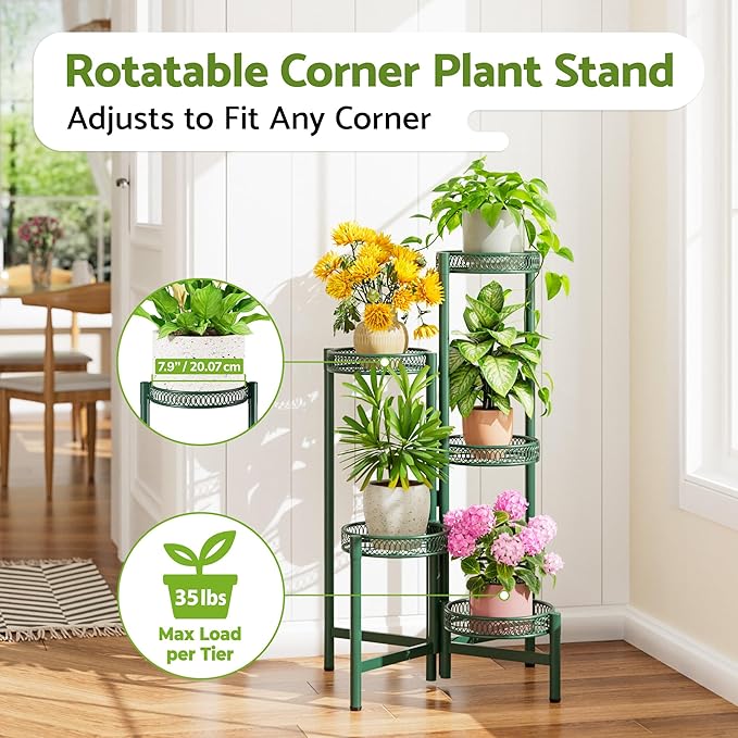 NQW 5-Tier Metal Plant Stand Indoor Outdoor, Corner Tall Plant Shelf for Multiple Plants, Foldable Plant Stand, Heavy Duty Flower Stand Holder for House Living Room Balcony Garden Patio -GreenFlower