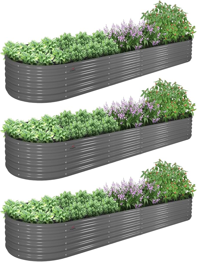 A ANLEOLIFE 3 Pcs 12X3X1.5 ft Oval Extra Large Galvanized Raised Garden Beds Outdoor for Planting Vegetables Flowers Herb, Quartz Grey