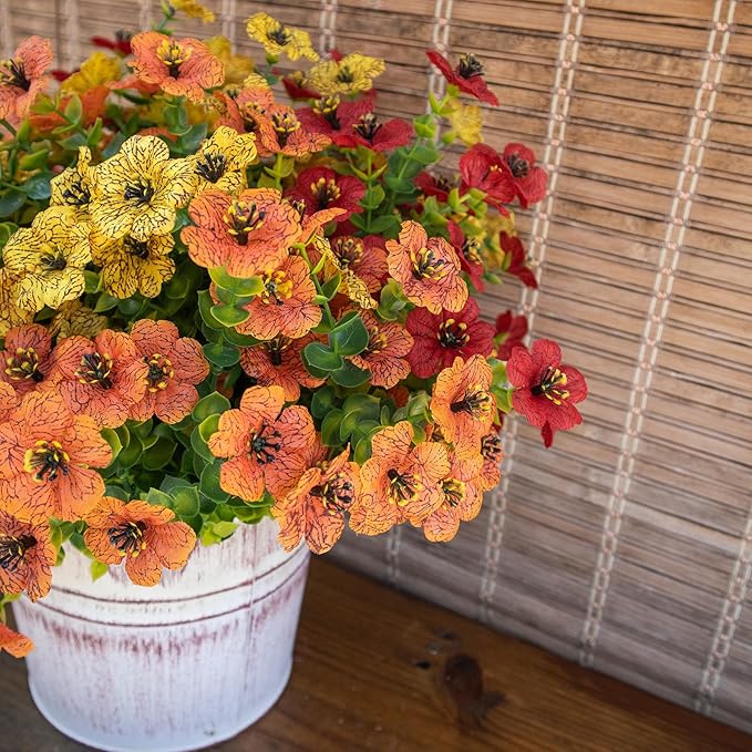 BCBLF Artificial Flowers for Outdoors, Faux Flowers for Outdoor Planters, 12 Bundles Realistic Silk Flower Faux Fake Plants for Porch Patio Yard Planters, Home Decor, Yellow + Orange + Red