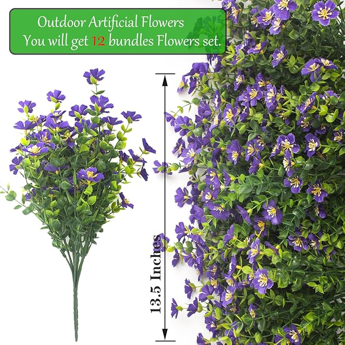 Grunyia Outdoor Artificial Flowers UV Resistant & Fade Proof, 12 Pack Realistic Fake Flowers for Garden, Patio, Lawn Decor - Weatherproof Plastic Plants (Purple)