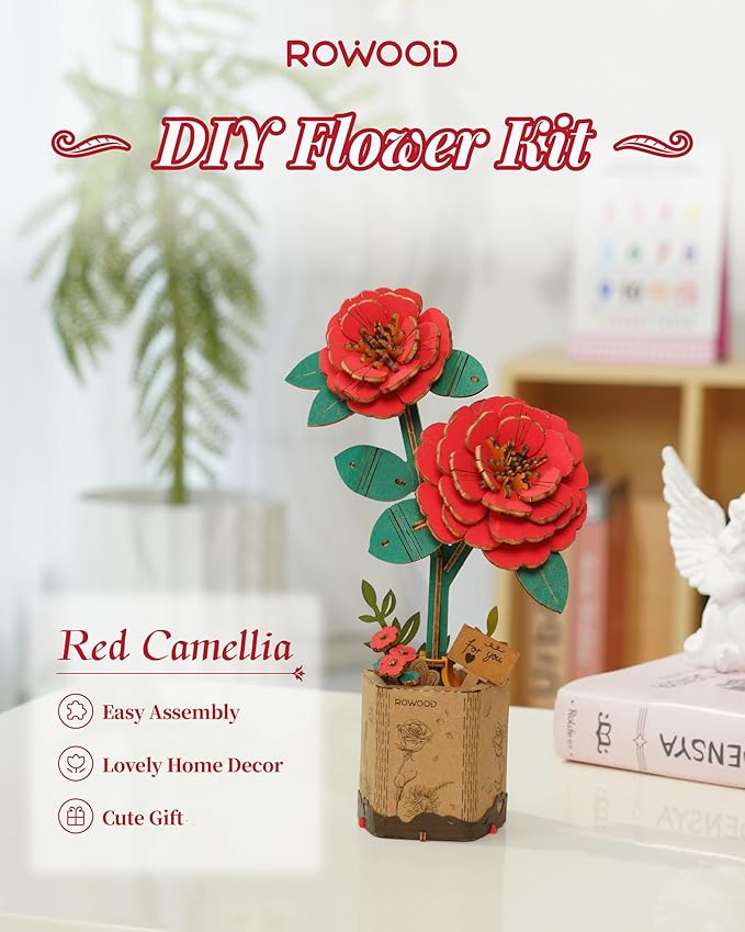 rowood 3D Puzzle Artifical Flower,DIY Wooden Flower Craft Kit Building,Mother's Day/Valentine's Day/Teacher's Day/Thanksgiving Day/Christmas/Birthday Gift for Mom/Women/Grandma/Wife/Her-Red Camellia