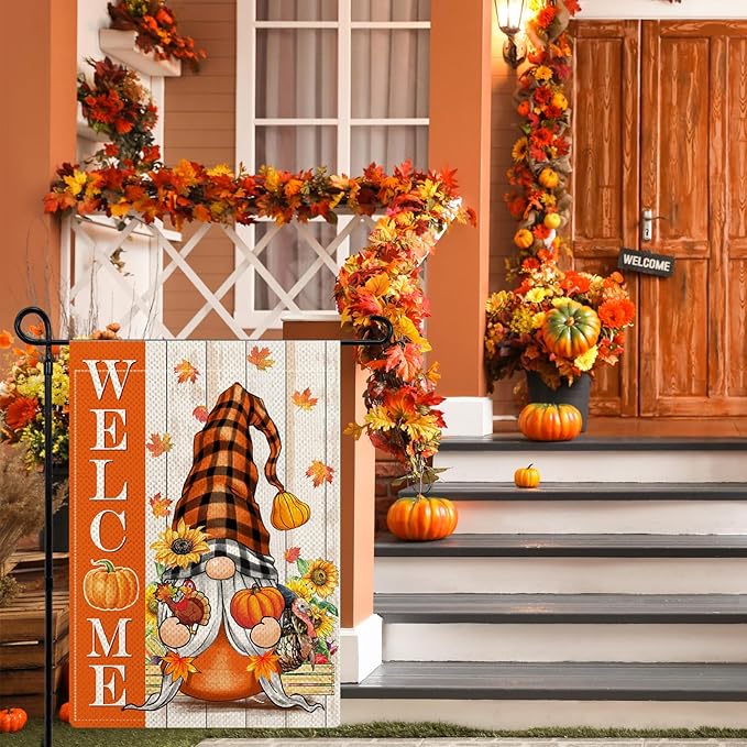 Thanksgiving Day Gnome Garden Flags for Outside, Welcome Fall Garden Flags 12x18 Double Sided, Rustic Pumpkin Sunflower Turkey Holiday Lawn Flags, Fall Gnomes Decorations for Yard Farmhouse