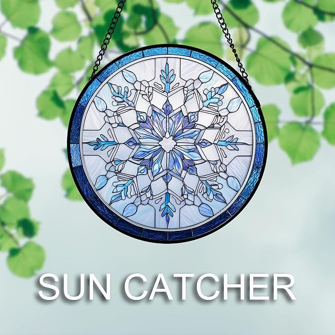 Stained Glass Window Hanging 4 Pcs Set Blue White Christmas Snowman Snowflake Large 11.8" - Suncatcher Door Garden Sun Catcher Decor Birthday Mother's Day Xmas Gifts for Mom Woman Nana Men