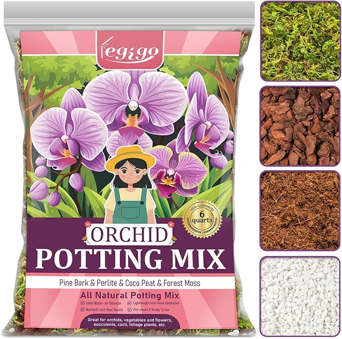 Legigo 6 QT Orchid Potting Mix for Repotting- Include Moss, Pine Bark, Perlite and Coco Peat, Orchid Bark Potting Mix, Orchid Soil for Potting Indoor Plants, Enhanced Drainage & Root Ventilation