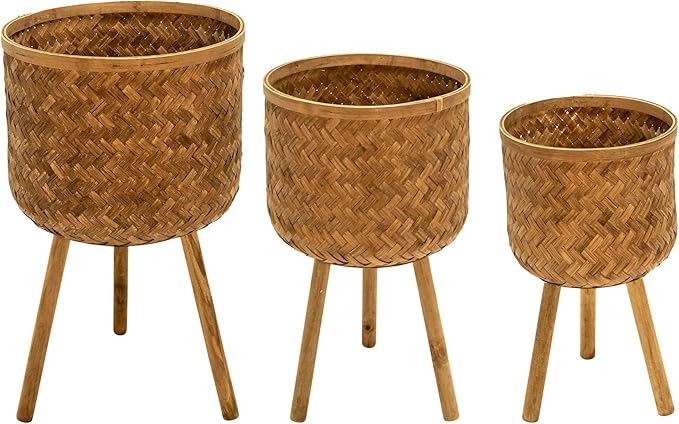 Set of 3 Bamboo Pot Planter with Stand – Modern Wooden Planters with Stand for Indoor/Outdoor, Stylish Hallway Home Decor & Garden– Standing Raised Floor Pot for Display -11/13/15", Brown