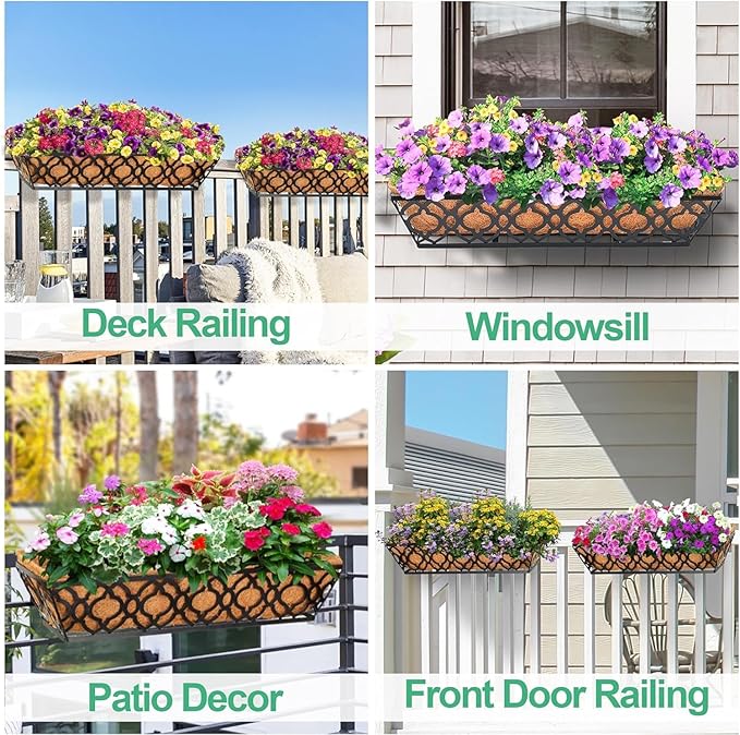 Y&M 24in Window Planter Box 4Pcs Iron Railing Planter with Coco Liner for Outdoor Balcony Rail, Fence, Porch, Patio