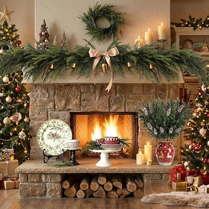 24 Pcs 23 Inch Christmas Realistic Norfolk Pine Branch Set with Pine Cones Stems Artificial Green Plants Branches Faux Greenery Stem Fake Cedar Picks for Vase DIY Garland Wreath Home Decor