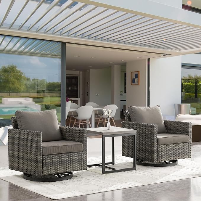 Outdoor Patio Swivel Rocker Chairs - 3 Piece Wicker Patio Furniture Bistro Swivel Rocking Chairs Set with Comfortable Cushions,Sturdy Metal Frame and Side Table for Porch Deck(Mixed Grey/Grey)