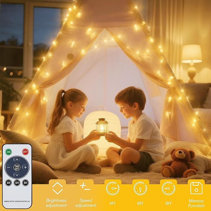 Rechargeable Fairy Lights Plug in, 33Ft 100 LEDs Waterproof Camping String Lights, with Remote and Adaptor,Starry String Lights for Wedding Indoor Outdoor Christmas Patio Garden Decoration,Warm White