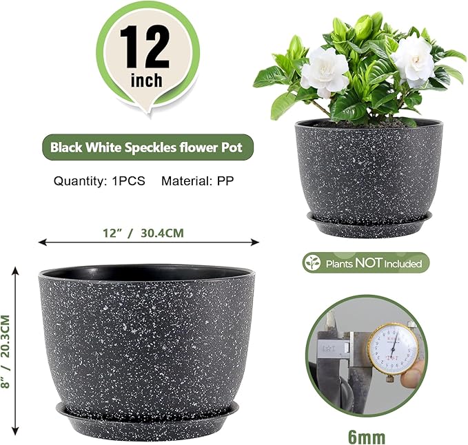 Meowell 12 inch Big Plant Pots, Plastic Planters with Drainage Holes and Trays, Large Flower Pots for Indoor Outdoor Plants, Modern Decorative Pots for Garden House Plants, Speckled Black