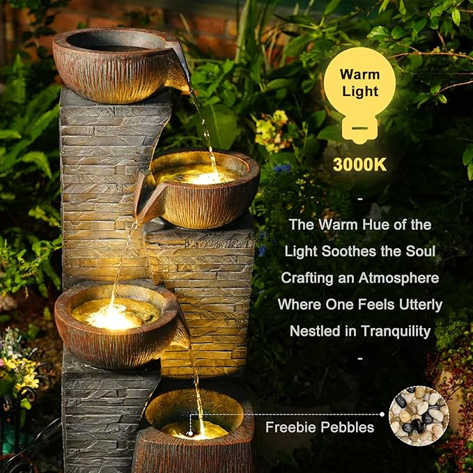 38.2" Tall Outdoor Water Fountain,Stone Texture Modern 4 Tiers Cascading Bowls Garden Fountains Outdoor,Suit for Patio, Deck, Porch, Lawns, Backyard and Home Art Decor