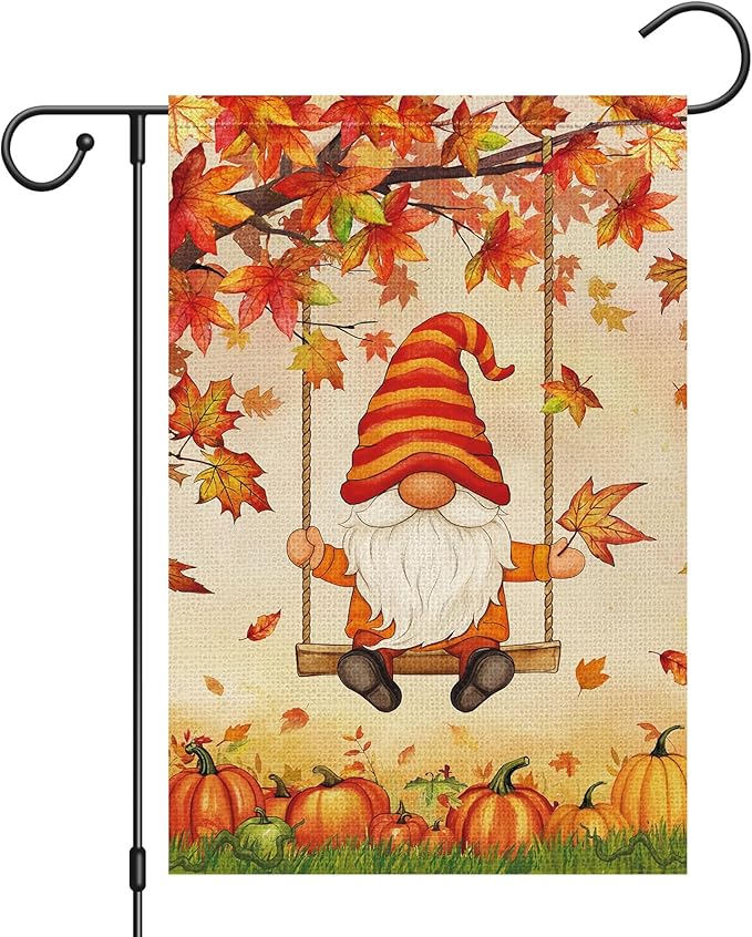 Heyfibro Fall Gnome Welcome Garden Flag 12x18 Double Sided Burlap, Autumn Pumpkin Maple Leave Yard Flags for Thanksgiving Rustic Farmhouse Seasonal Outside Outdoor Decoration (ONLY FLAG)
