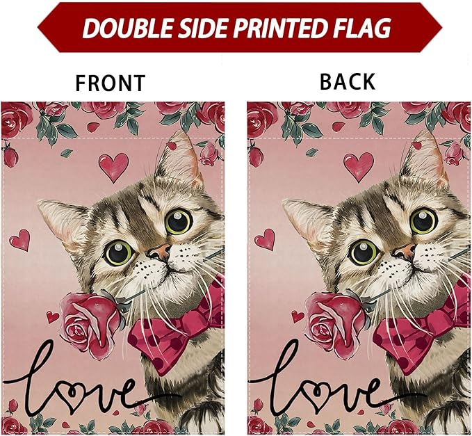 Valentine’s Day Romantic Roses Love Hearts Cat House Flag Big Large Burlap 28X40 Inch Vertical Double Sided Outside Yard Holiday Outdoor Farmhouse Decoration