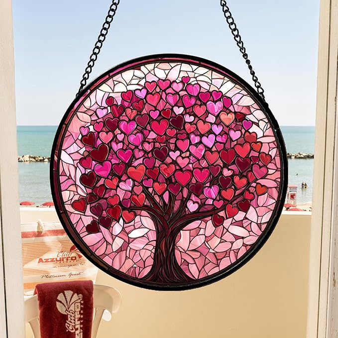 DASTOLL Stained Glass Window Hanging, Pink Love Tree of Life Sun Catchers Colorful Glass Panel Suncatcher Decor for Birthday for Women, Men, Wife, Lovers, and Mom 14.9x14.9 in