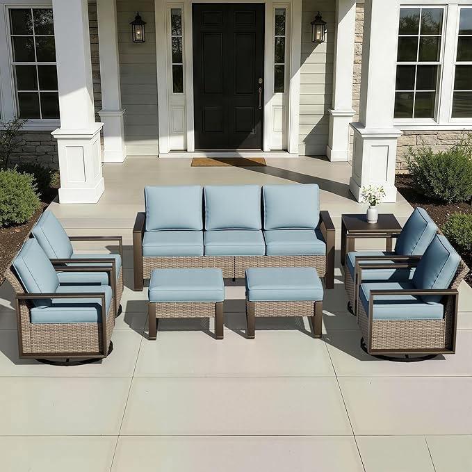Outdoor Patio Swivel Rocker Chairs, 8 Pieces Wicker Furniture Set, 4 Swivel Rocking Chairs, 1 Sofa, 2 Ottoman and 1 Table, Wide Armrest, Thick Cushions and Deep Seating for Garden, Backyard, Porch