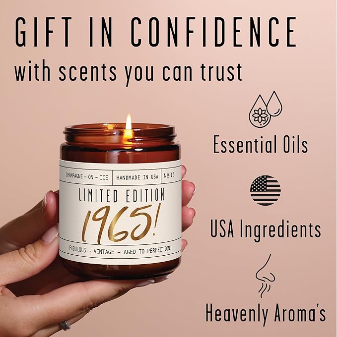 61st Birthday Gifts for Women - 'Limited Edition 1965' Soy Candle, w/Champagne on Ice I 61st Birthday Gift for Her Ideas I 9oz Reusable Jar, 50Hr Burn, Made in USA