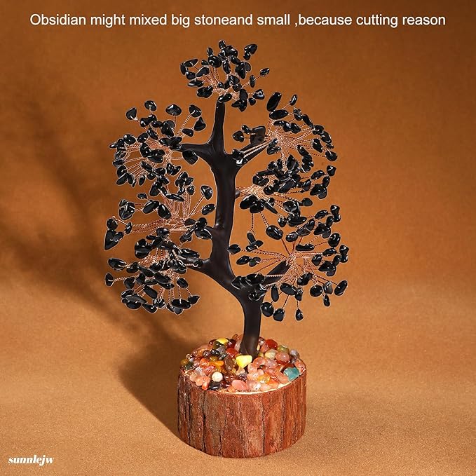 Black Obsidian Crystal Tree of Life Chakra Stone, Birthday Gifts for Women, Mon, Gifts for Sister,Feng Shui Office Decor Tree for Postive Energy, Money, Good Luck, Christmas Decor, Spiritual Gifts