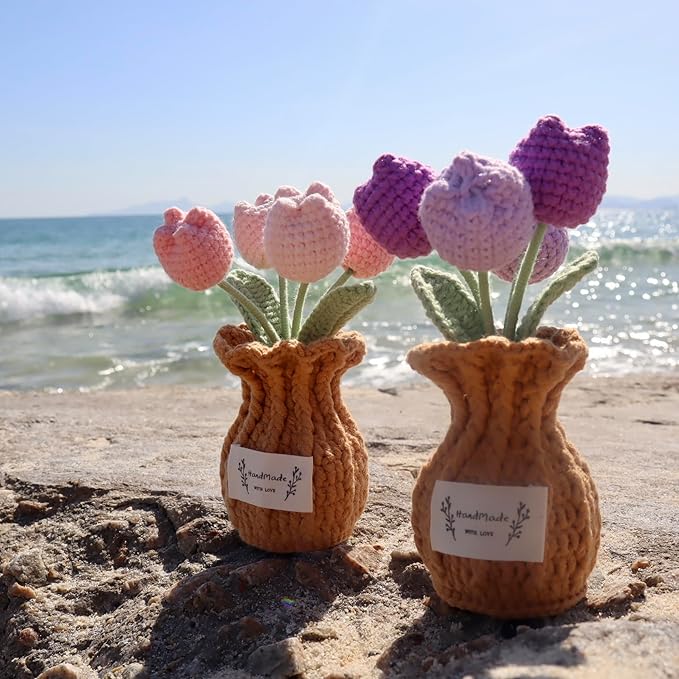 YOOJEE Tulip Crochet Flower Potted Plant Handmade Desk Decor Gift