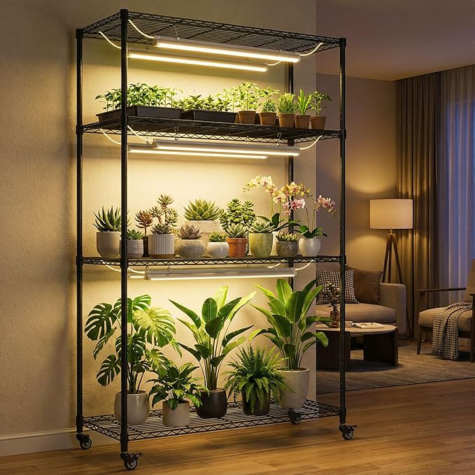 Plant Stand with Grow Lights, 4-Tier Plant Shelf, 6 Sets 3-Color LED Grow Light with Timer, Wide Plant Rack for Indoor Gardening, Seed Starting, Herbs & Flowers, 36" W x 14" D x 63" H