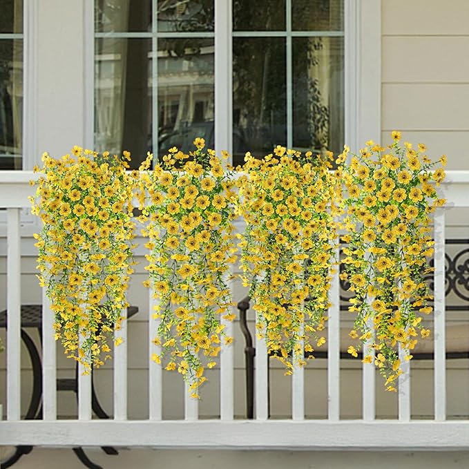 Artificial Hanging Flowers Plants for Outdoor Fall Decoration, 2PCS Faux Silk Daisy UV Resistant Look Real for Outside Home Indoor Planter Porch Garden Yard Autumn Decor(Yellow)