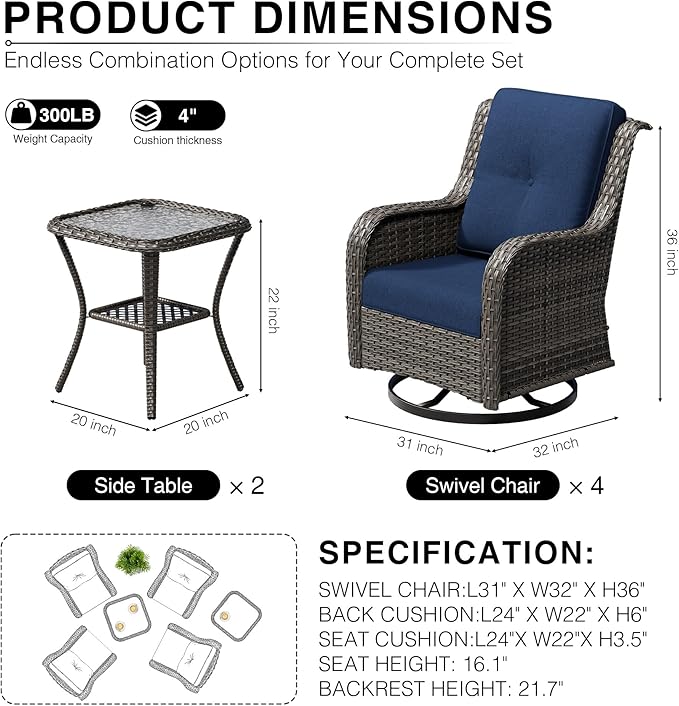 Joyside 6 Piece Wicker Patio Furniture Set, Outdoor Swivel Rocker Patio Chairs with High Back, Deep Seating, Wide Armrest, Thickened Cushions, Outdoor Furniture for Deck, Porch Use
