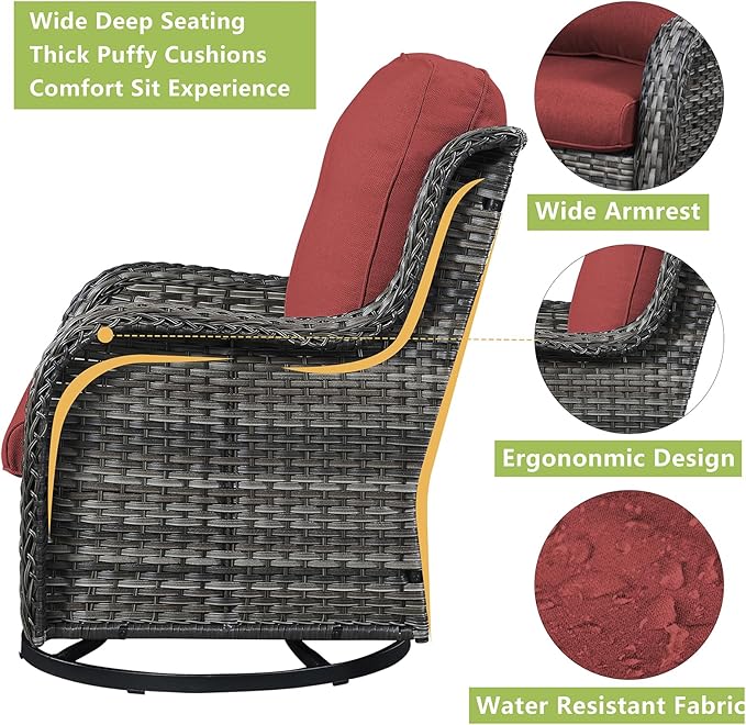 Rilyson Wicker Patio Furniture Set - 4 Piece Rattan Outdoor Sectional Conversation Sets with 2 Swivel Rocking Chairs,2 Ottomans for Porch Deck Garden(Mixed Grey/Red)