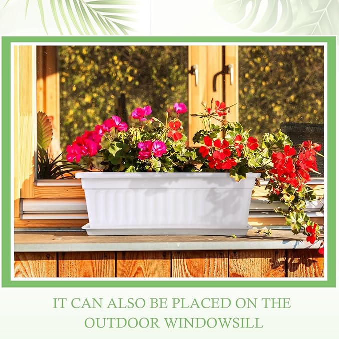 Lallisa 18 Pack Window Box Planter 17 Inches Plastic Vegetable Flower Planter Boxes with Tray White Rectangle Indoor and Outdoor Flower Pots for Windowsill, Patio, Porch, Garden, Balcony