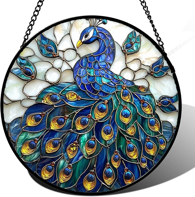 AMDERVEN Stained Glass Window Hanging - Peacock Blue Gold Feathers Sun Catcher for Door Garden Home Decor Bird Suncatcher Christmas Mother's Day Birthday Gifts for Women Men Mom Nana 11.8 in