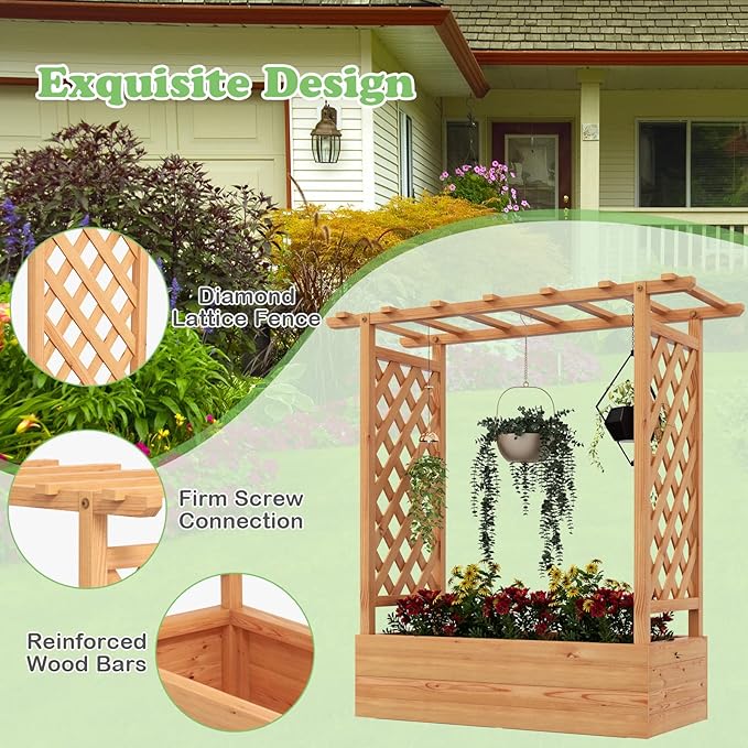 HAPPYGRILL Raised Garden Bed with Trellis, 2 Pack Freestanding Wood Planter Box w/Hanging Roof & 4 Drainage Holes for Vine Climbing Plants Flowers, Outdoor Planter with Trellis for Garden Patio Yard