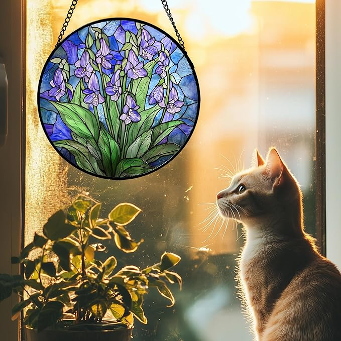 AMDERVEN Stained Glass Suncatcher, Blue Purple Flowers Green Leaves Sun Catcher Plants Stain Glass Window Hanging Decoration Mother's Day Birthday Gifts for Women Men Mom and Nana 9.8 in