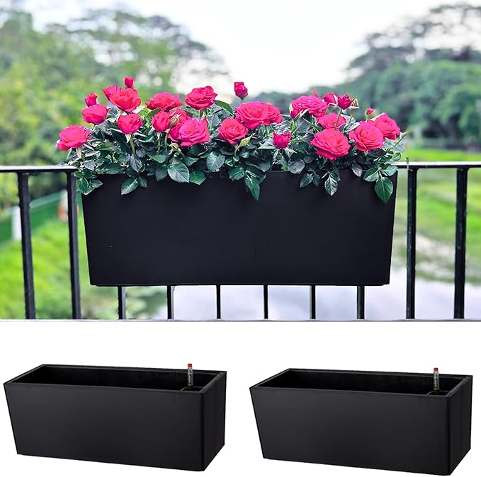 LaLaGreen Rail Planter for Balcony Outdoor (20 Inch, 2 Pack) Large Black Self Watering Railing Planters with Brackets, Rectangular Plastic Deck Fence Window Box Designer Choice with Rattan Pattern