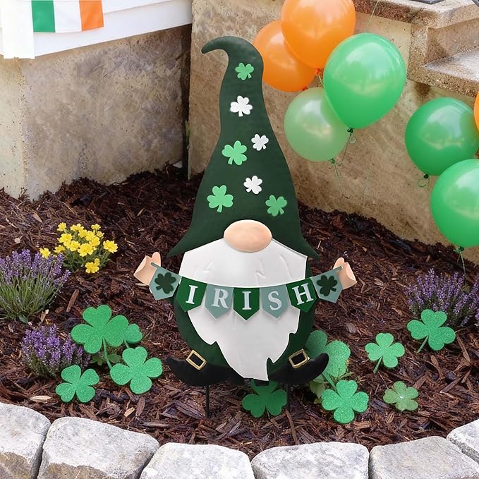 TERESA'S COLLECTIONS St. Patricks Decorations Outdoor for Home, Metal Garden Gnomes Decor Yard Stakes, Green Garden Stakes Gifts for Party, Saint Patricks Yard Signs for Outside Lawn Porch Patio, 27"