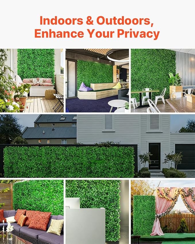VEVOR 12PCS Grass Wall Panels, 24 x 16 in for 32 Sq Ft, Boxwood Hedge Wall Panels Artificial Grass Backdrop Wall, 1.6 in Sun Protected Privacy Hedge Screen for Indoor Outdoor Garden Fence Backyard