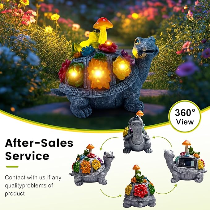 CNPOLOOK Solar Garden Outdoor Statues Turtle with Succulent and 9 LED Lights - Lawn Decor Tortoise Statue for Patio, Balcony, Yard Ornament - Unique Housewarming Gifts（8.5 Inch）