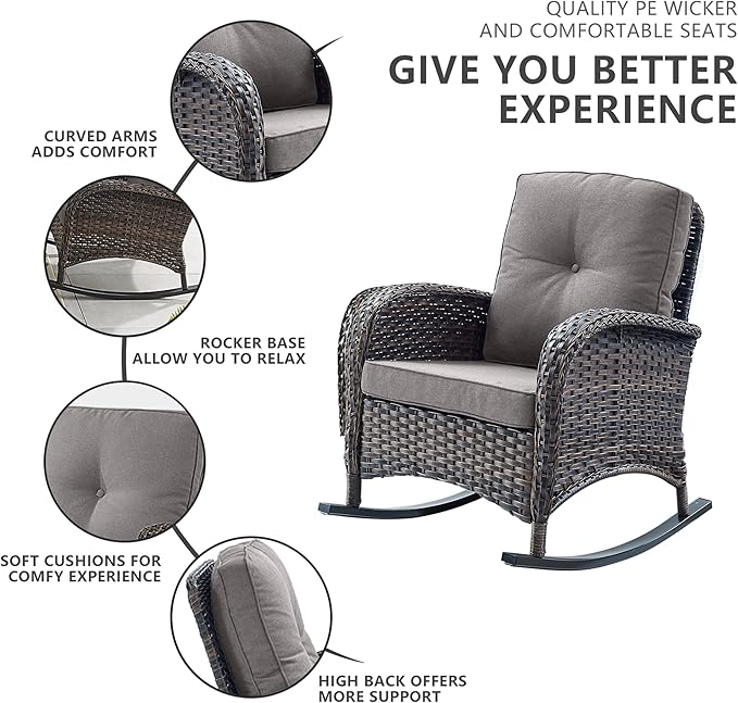 Belord Patio Rocking Chairs Furniture Set of 6, Outdoor Wicker Furniture Sets with Wicker Rocker, Small Patio Conversation Sets with Outdoor Couch Ottomans Brown/Grey