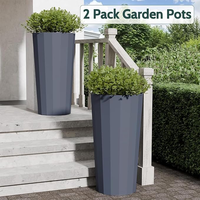 Diyfire 2PCS Tall Planters for Outdoor Plants, 23.6 Inches Large Outdoor Conical Flower Pots for Porch with Drainage Holes and Drainage Baffle, Tapered Large Planters for Garden, Balcony Use, Grey