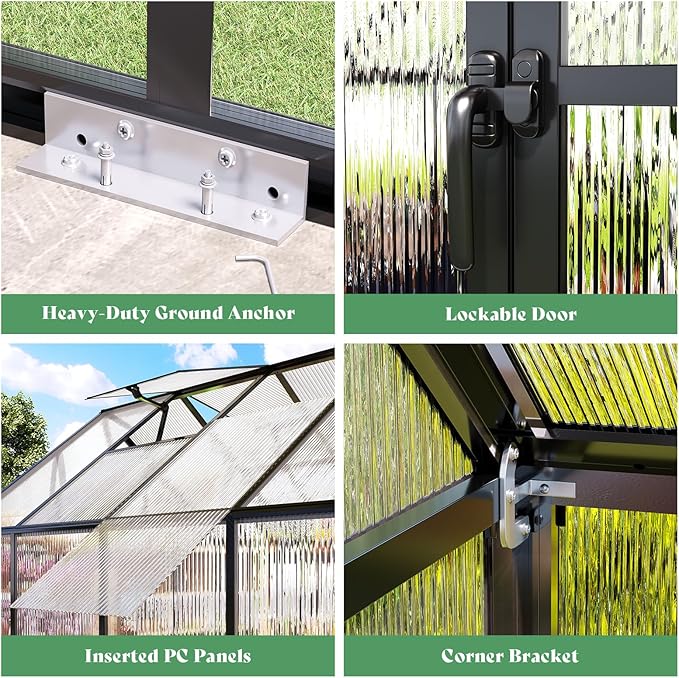 AMERLIFE 6x16 Ft Polycarbonate Greenhouse for Outdoors, Walk-in Design with Aluminum Frame, 2 Windows and Swing Door, Heavy-Duty Greenhouse Construction for Garden, Black