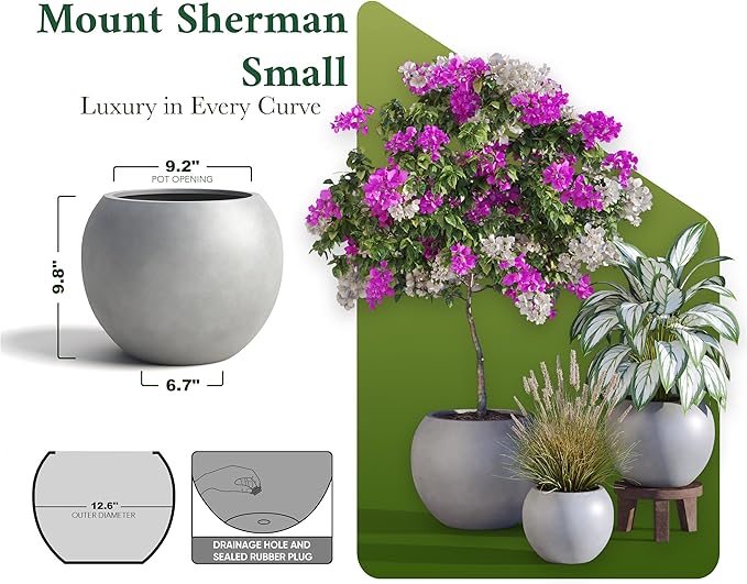 DTY Signature Mount Sherman 12.6''D x 9.8''H Modern Indoor Outdoor Fiberstone Sphere Planter, Durable Round Garden Pot, Weather Resistant, Drainage Hole & Rubber Plug - Small, Gray