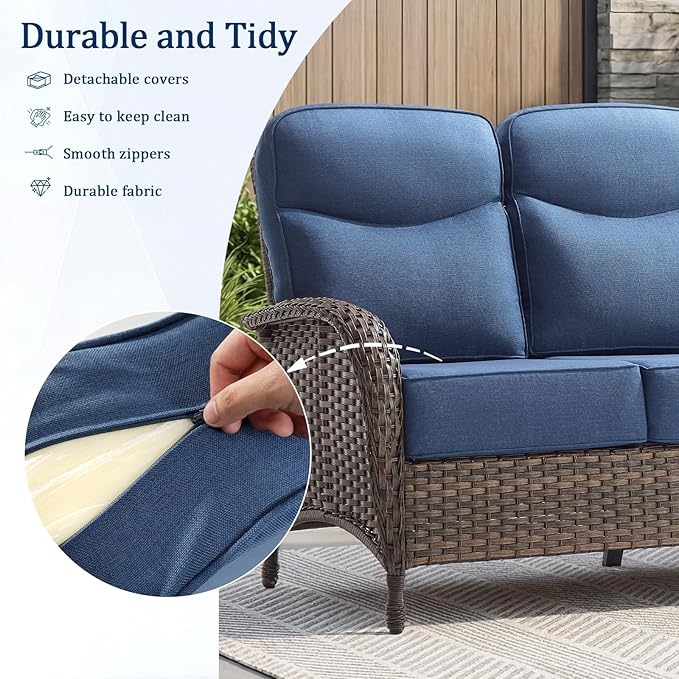 Outdoor Swivel Rocking Chair Patio Set (6-Piece), High-Back - Thick Cushion Swivel Rocking Chair Patio Set, All-Weather Wicker Patio Furniture Set, Suitable for Balcony Patios, Brown/Blue