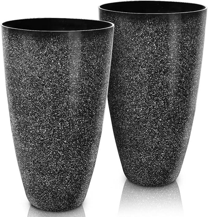 Megawodar 2 Pcs Pack 21 Inches Plastic Resin Tall Tapered Planter Pots Large Round Planter Flower Pot with Drainage Holes for Indoor Outdoor Deck Porch Garden Home Patio Front Door (Black, L)