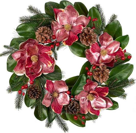Briful 24in Christmas Magnolia Flower Wreath for Front Door Artificial Red Magnolia Floral Wreath with Pine Cones Berries Outdoor Christmas Wreath for Xmas Home Room Wall Window Mantle Decor