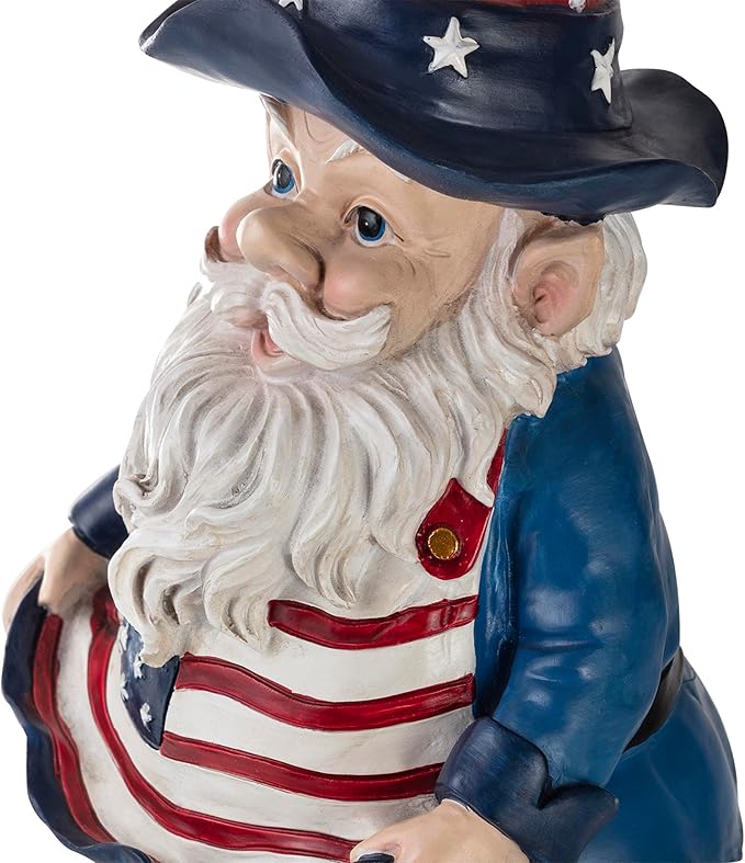 Alpine Corporation 12" Tall Outdoor Americana Garden Gnome with American Flag Bird Feeder and Yard Statue Decoration