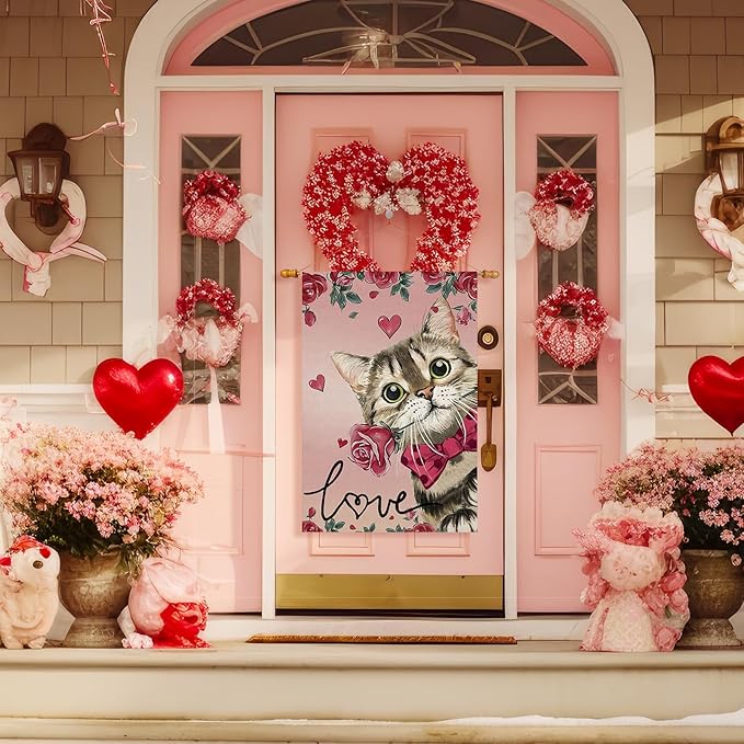 Valentine’s Day Romantic Roses Love Hearts Cat House Flag Big Large Burlap 28X40 Inch Vertical Double Sided Outside Yard Holiday Outdoor Farmhouse Decoration