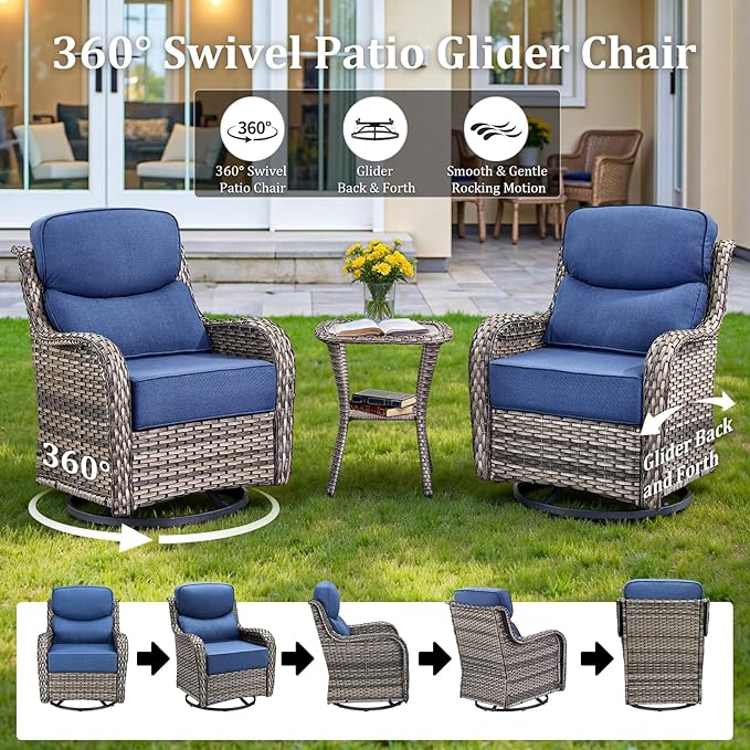 Luxury High Back Patio Furniture Set with 6-Inch Thick Cushions, 5-Pieces Outdoor Furniture with Swivel Chairs, Wicker Conversation Set for Porch, Balcony, Deck and Yard, Grey/Blue