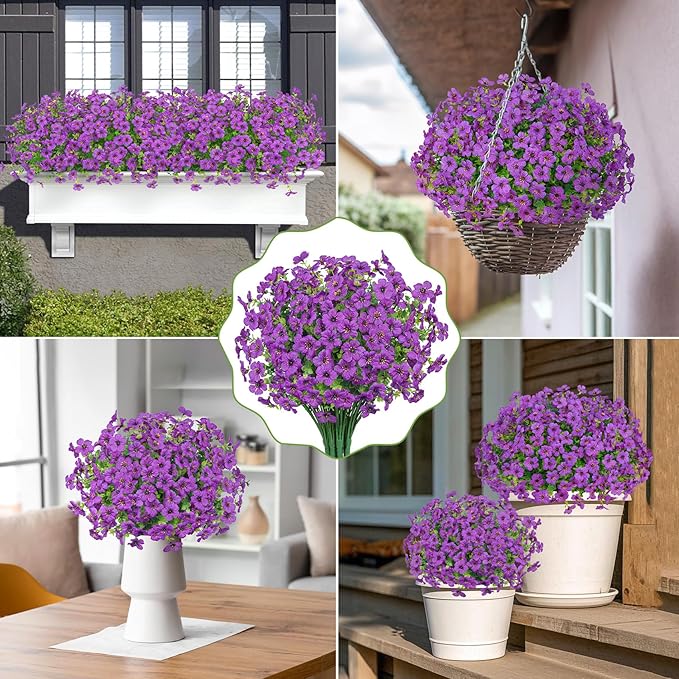 Besteek 20 Bundles Artificial Flowers for Outdoors Decoration Fake Silk Flowers UV Resistant Faux Plants Artificial Daisy Eucalyptus for Spring Summer Garden Yard Porch Window Home Decor, Purple